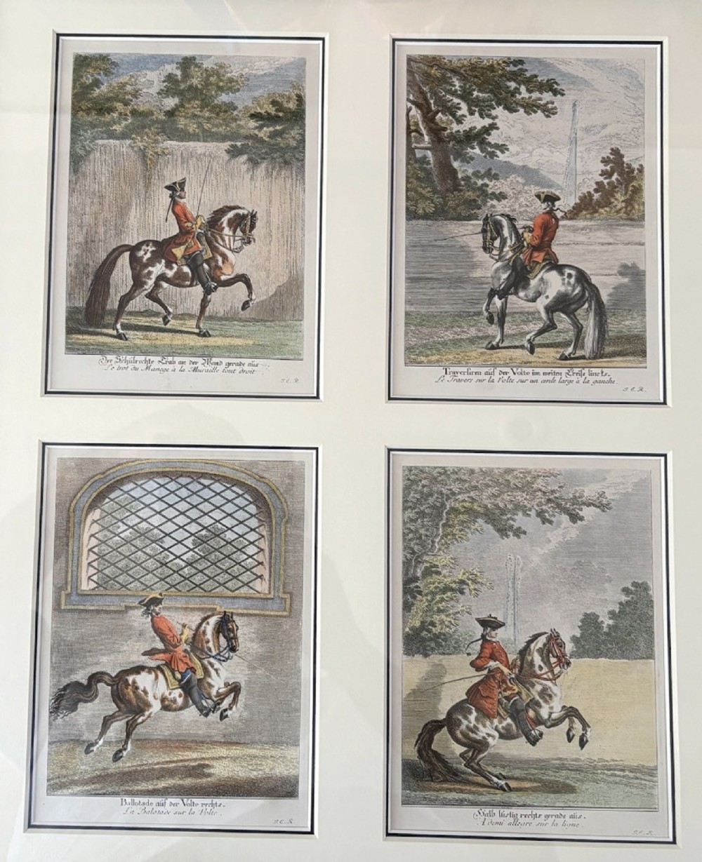A large burr wood framed set of six hand-coloured 18th-century copperplate engravings depicting equestrian dressage riders on horseback. View VIII