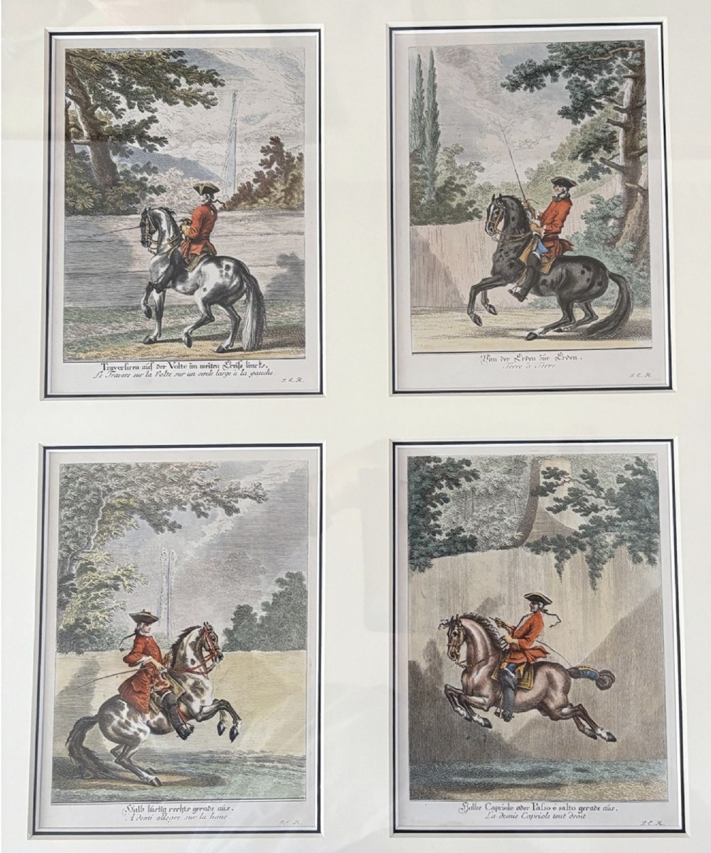 A large burr wood framed set of six hand-coloured 18th-century copperplate engravings depicting equestrian dressage riders on horseback. View IX
