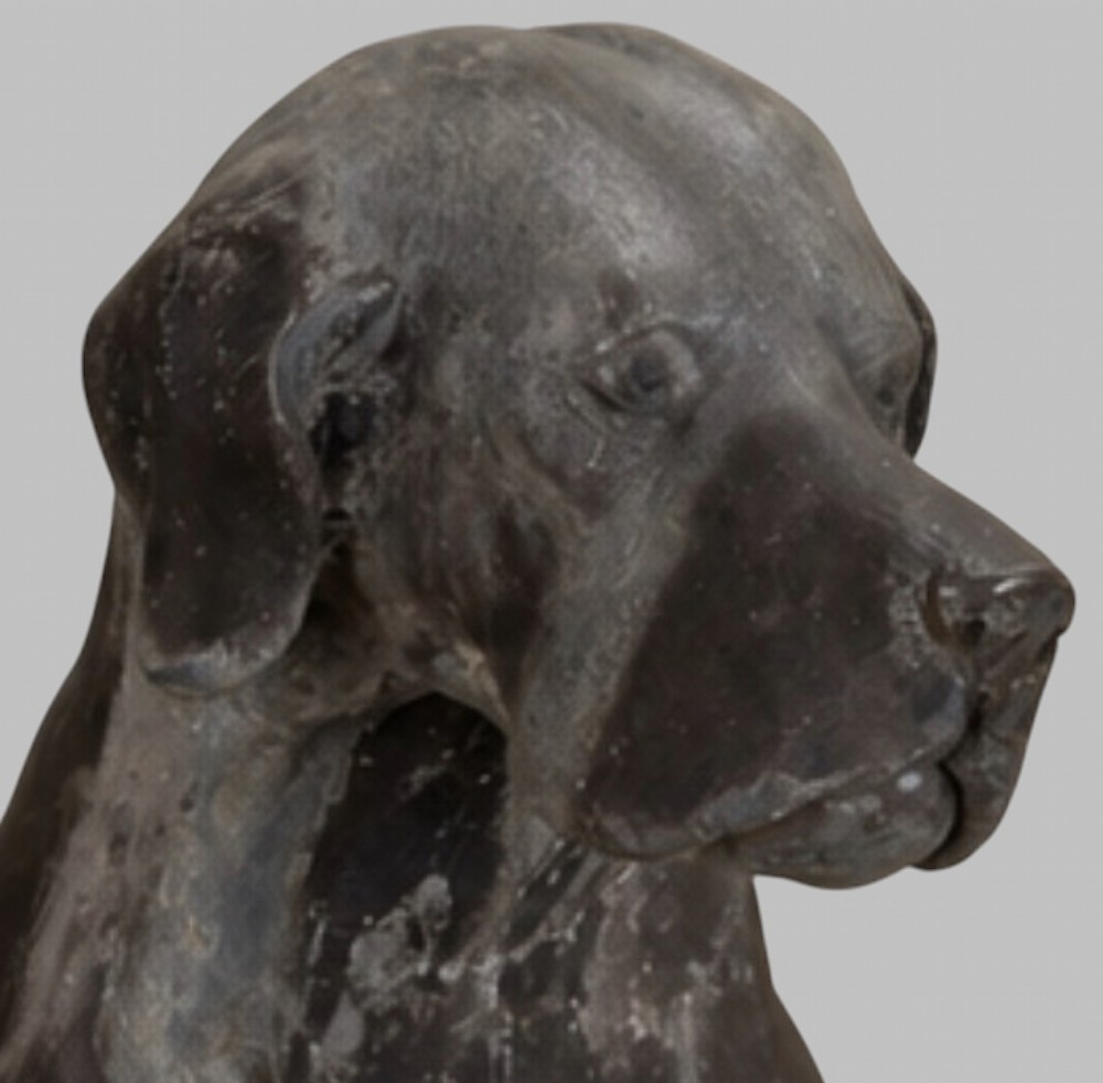 A pair of life-size cast lead sculptures depicting seated hounds with detailed anatomical features and a weathered grey surface. View VIII
