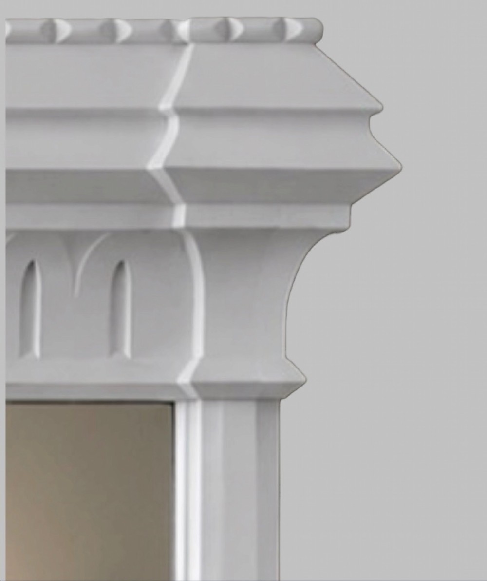 A large late Victorian rectangular overmantel mirror featuring a white painted wooden frame with a prominent corniced top and carved moulding. View V