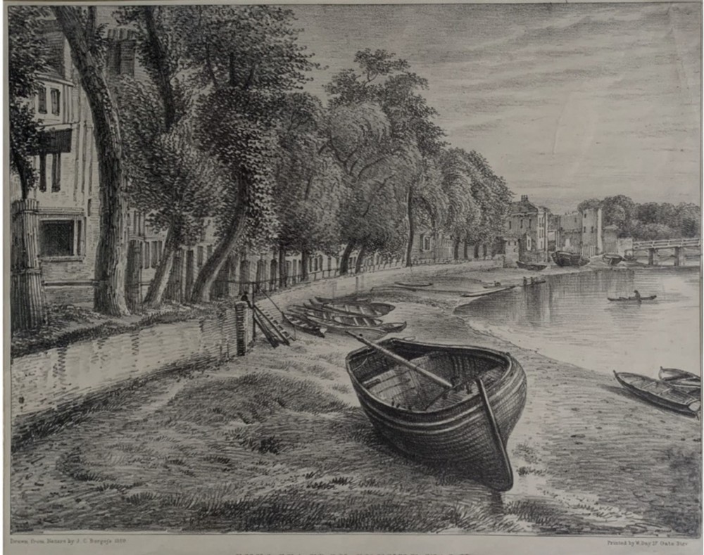 A set of four framed 1829 monochrome lithographs depicting scenes of historical Chelsea, London, set within cream mounts and dark frames. View II