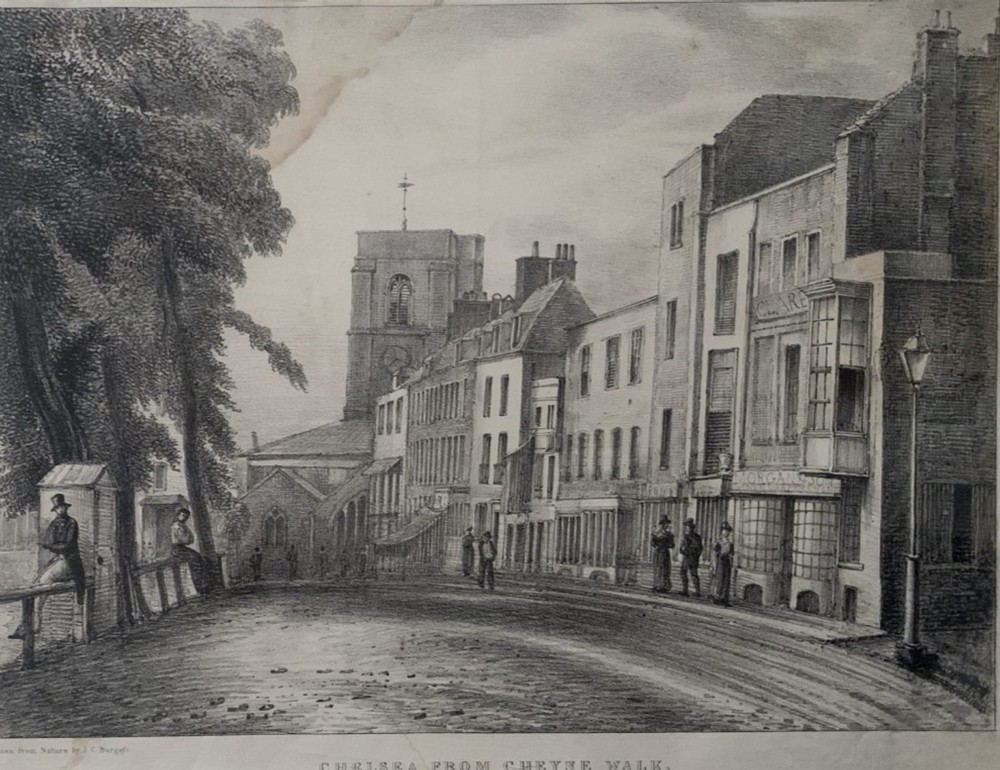 A set of four framed 1829 monochrome lithographs depicting scenes of historical Chelsea, London, set within cream mounts and dark frames. View III