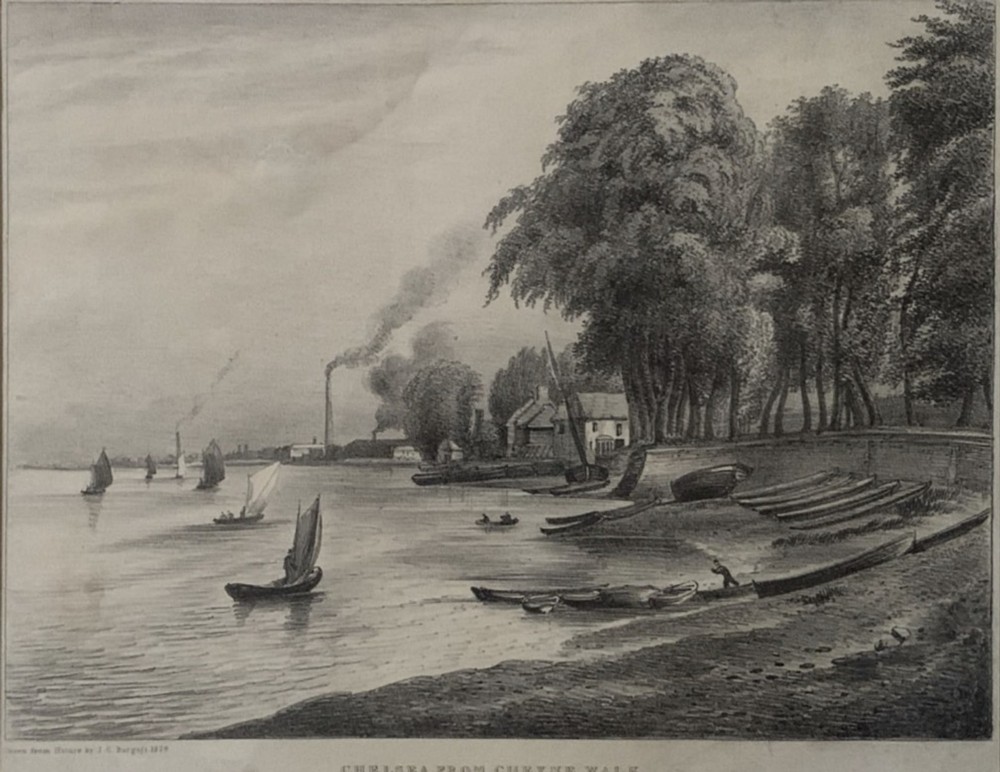 A set of four framed 1829 monochrome lithographs depicting scenes of historical Chelsea, London, set within cream mounts and dark frames. View IV