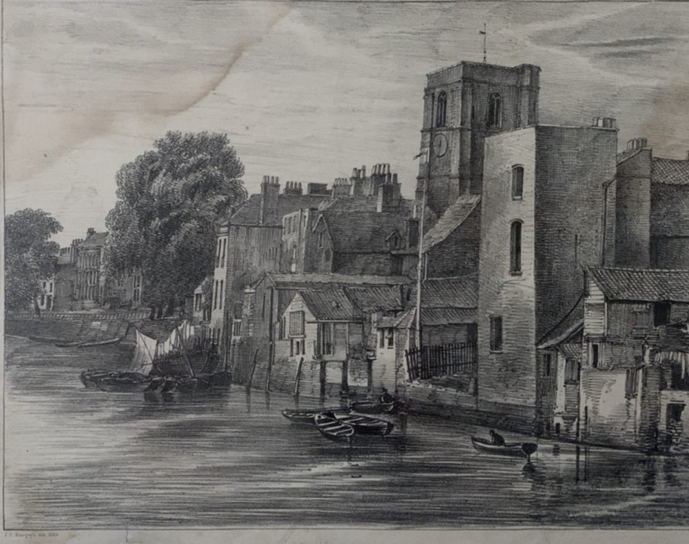 A set of four framed 1829 monochrome lithographs depicting scenes of historical Chelsea, London, set within cream mounts and dark frames. View V