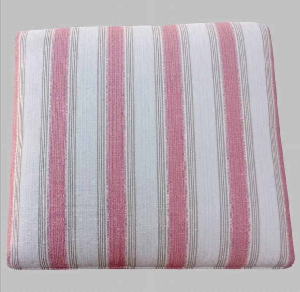 An upholstered William IV mahogany sewing box stool with red and cream striped fabric, mounted on a turned central pedestal and a concave platform base with bun feet. View III