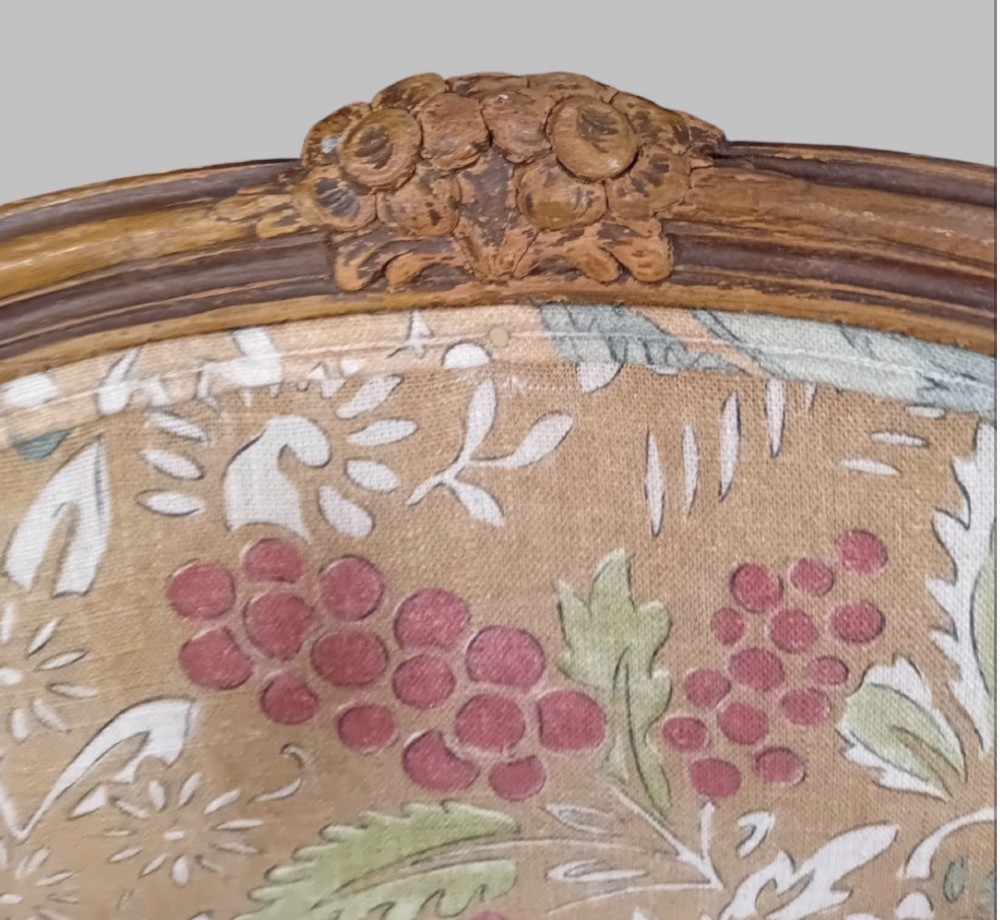 A pair of Neo-Rococo open armchairs featuring carved wooden frames, cabriole legs, and botanical tapestry upholstery. View VII