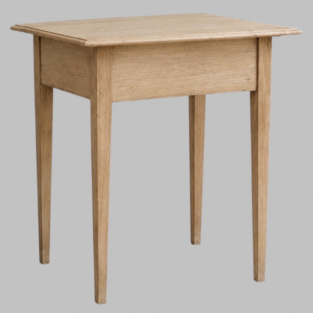 A mid-18th-century bleached oak side table featuring a single frieze drawer with a turned wooden knob, a shaped apron, and four square tapered legs. View IV