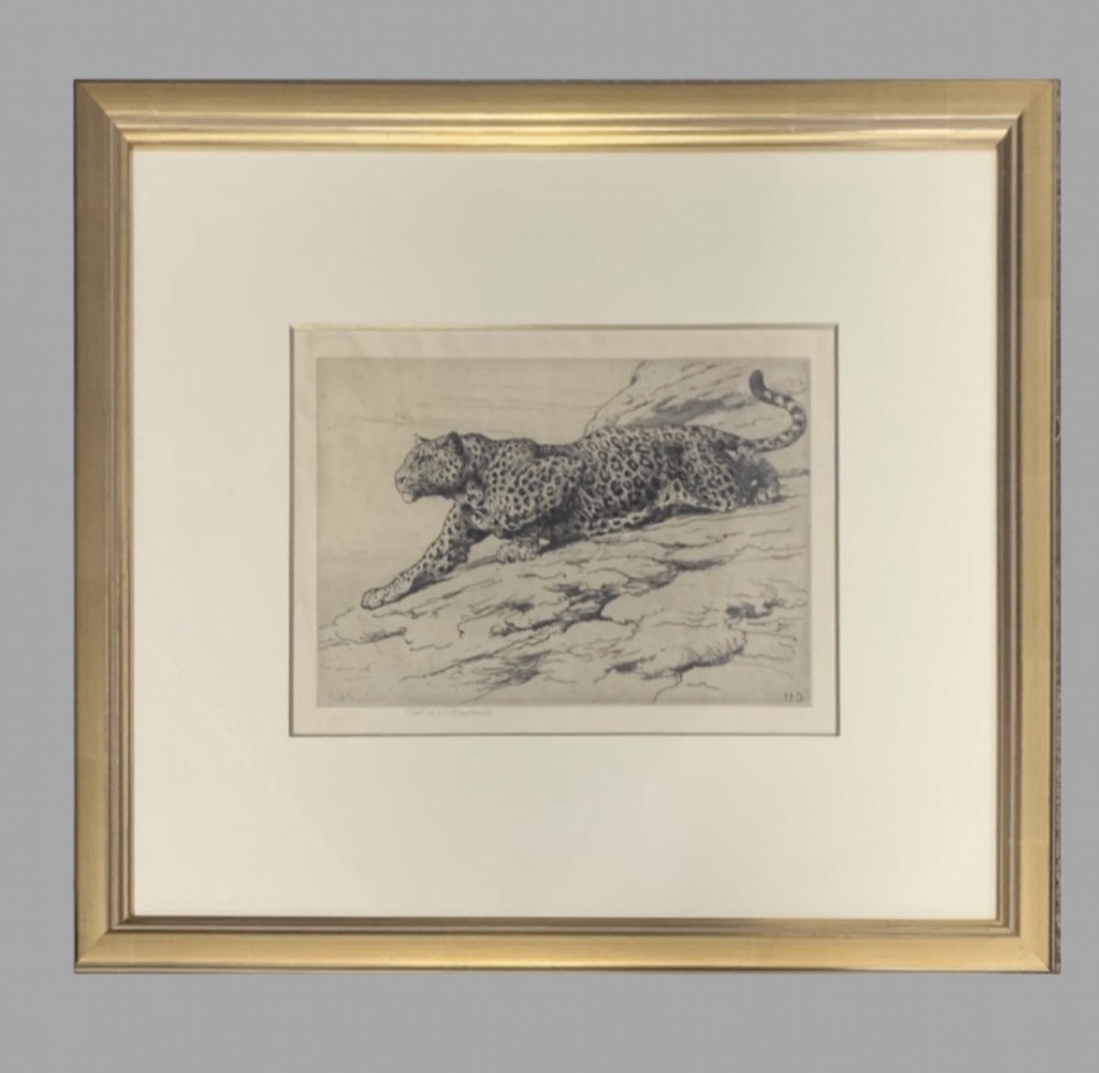 A framed monochrome etching by Herbert Dicksee depicting a leopard crawling on a rocky hillside within a cream mount and gold frame.