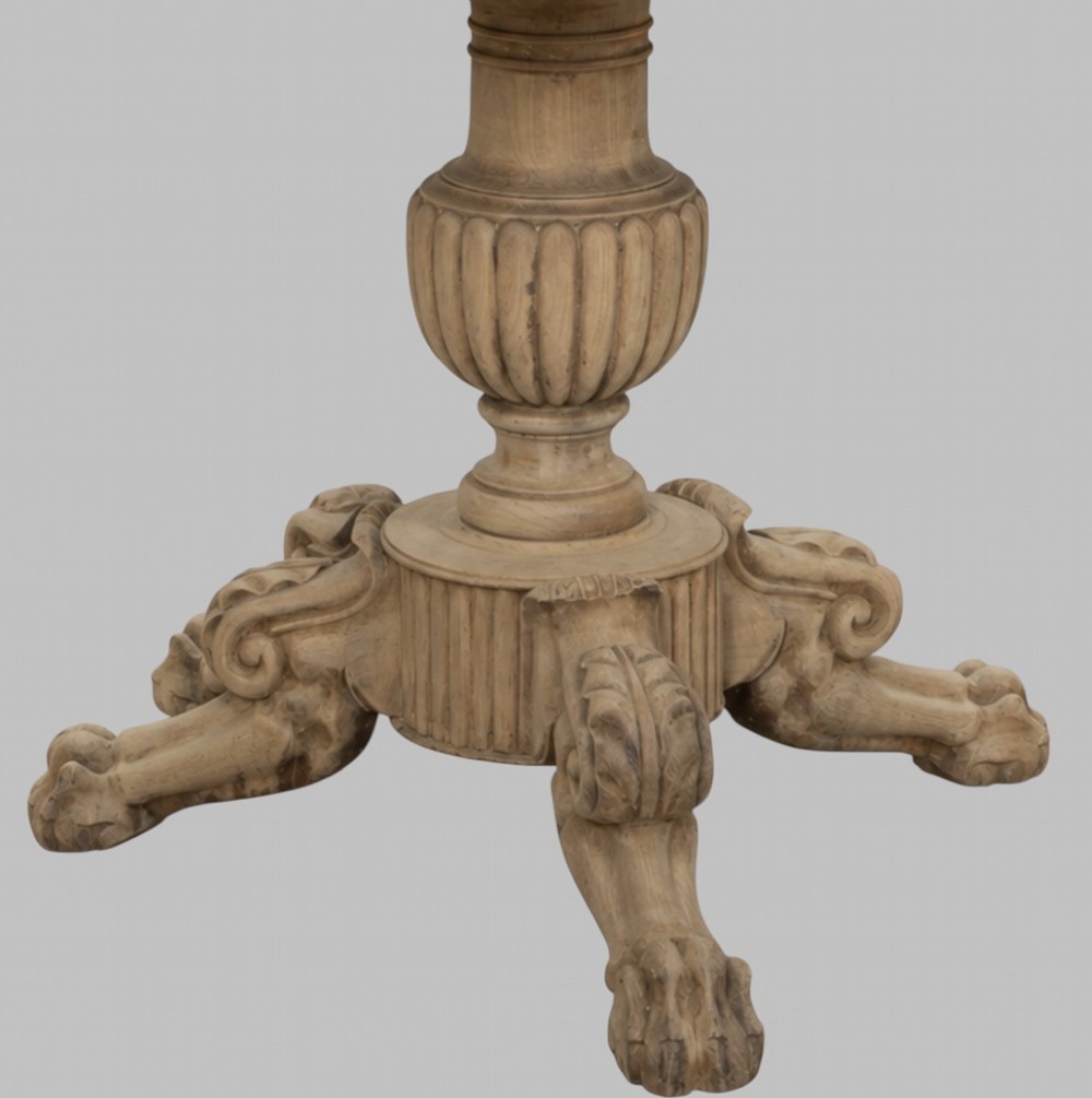 A 19th-century circular gueridon table featuring a white marble top set upon a carved bleached walnut pedestal base with scrollwork and claw feet. View II