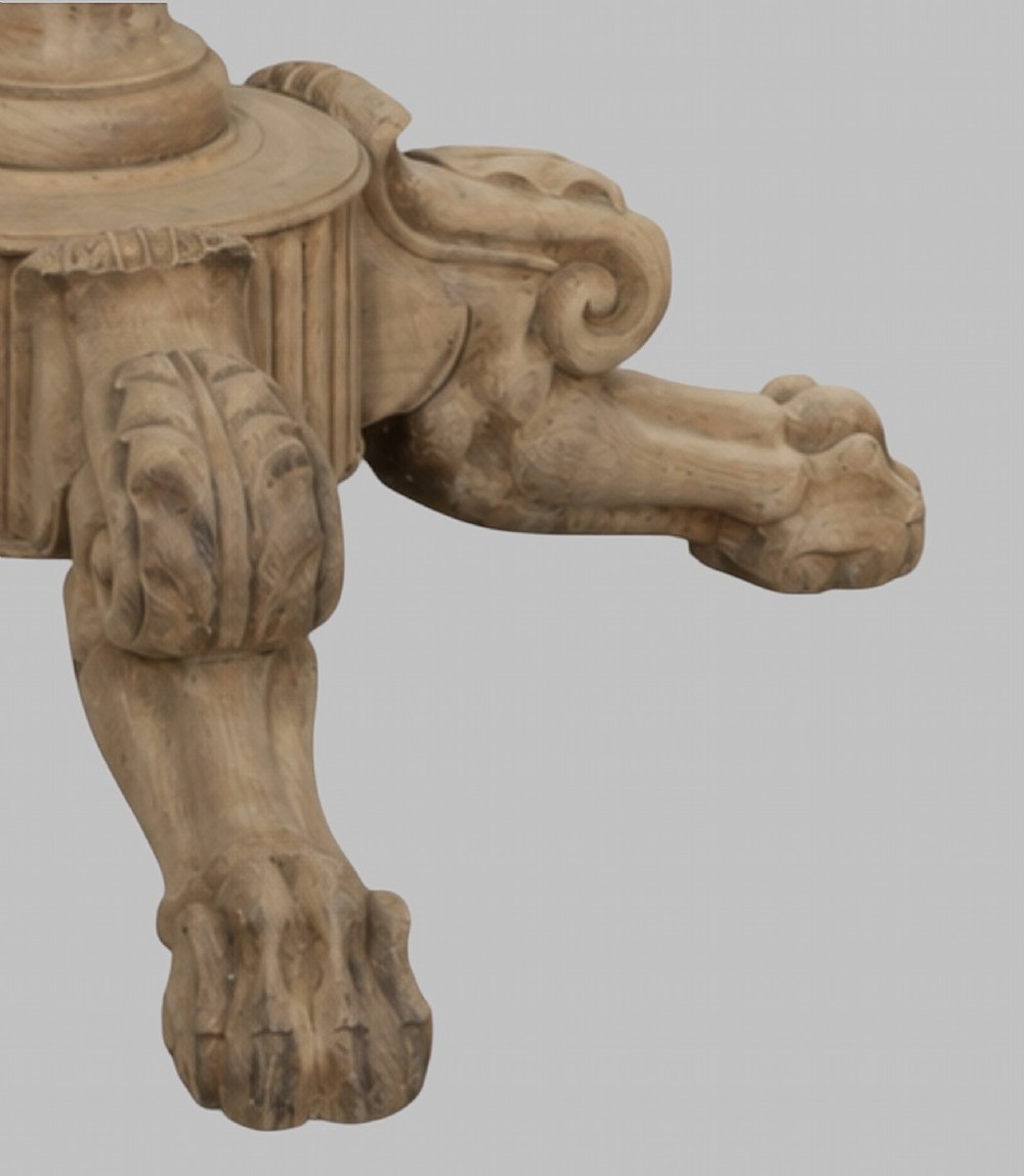 A 19th-century circular gueridon table featuring a white marble top set upon a carved bleached walnut pedestal base with scrollwork and claw feet. View III
