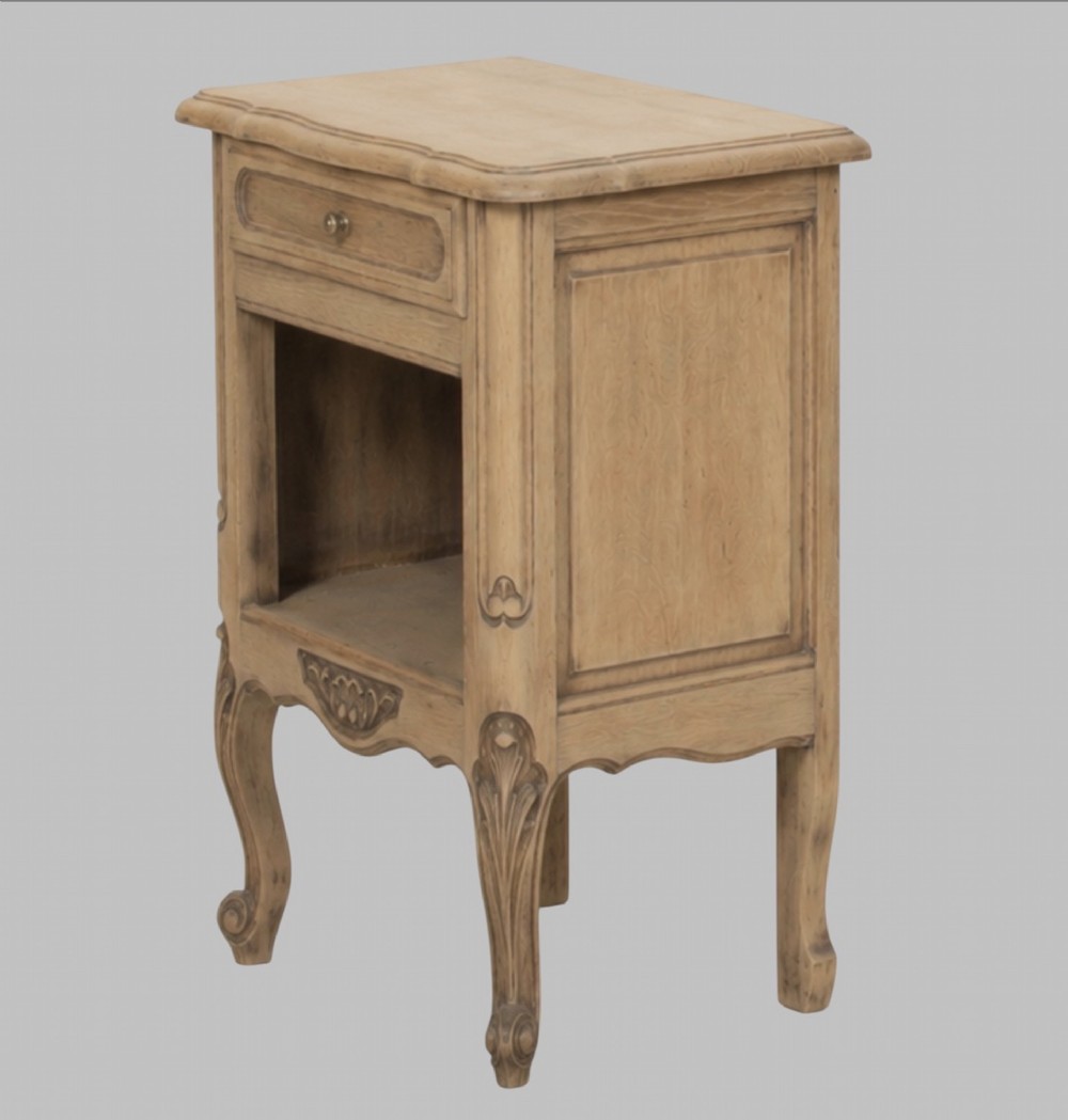 A pair of antique bleached oak bedside tables featuring carved cabriole legs, open storage shelves, and single top drawers with brass knobs. View III