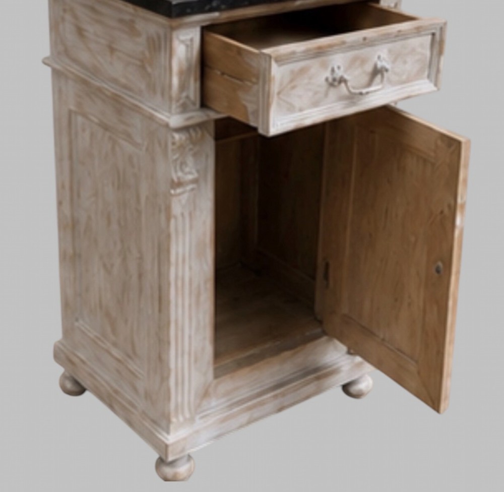 A pair of off-white painted wooden bedside cabinets with dark marble tops, single drawers, fluted pilasters, and carved leaf panels on the doors. View IV