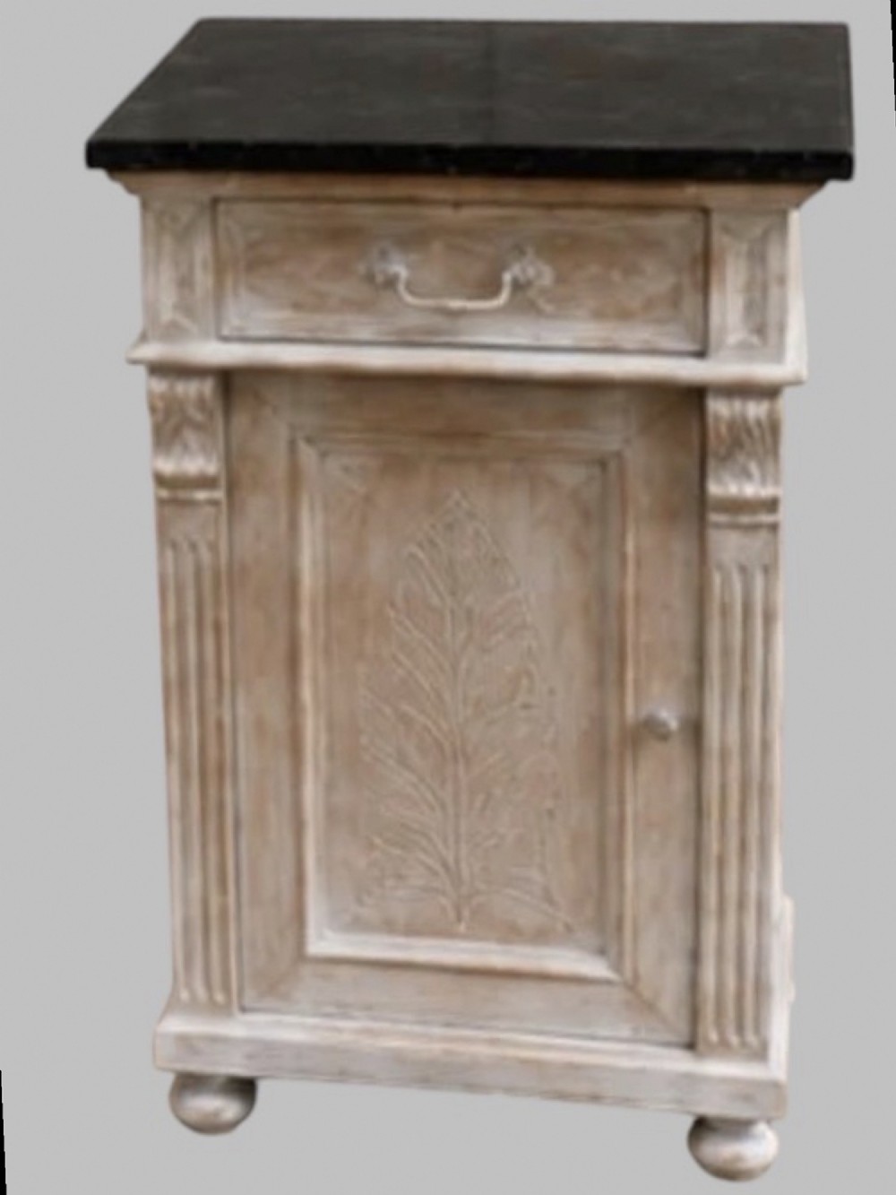 A pair of off-white painted wooden bedside cabinets with dark marble tops, single drawers, fluted pilasters, and carved leaf panels on the doors. View V