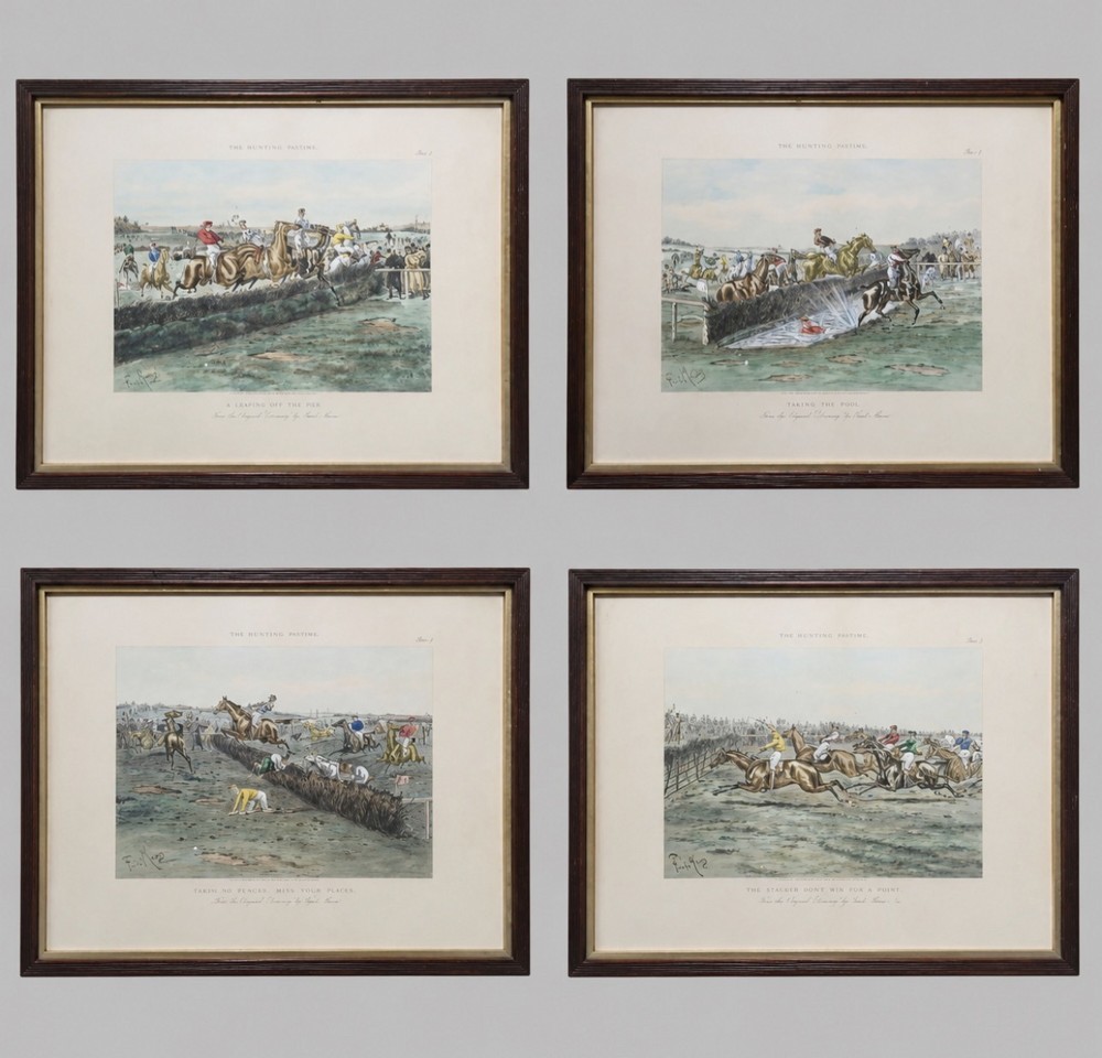 A set of four framed Victorian aquatint prints depicting horse racing and steeplechase scenes, presented in dark timber frames with gold slip mounts.