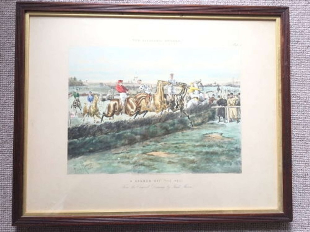 A set of four framed Victorian aquatint prints depicting horse racing and steeplechase scenes, presented in dark timber frames with gold slip mounts. View II