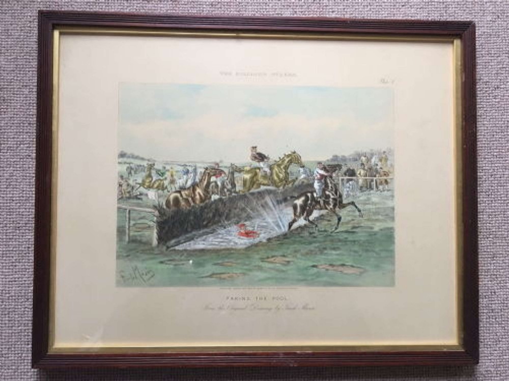 A set of four framed Victorian aquatint prints depicting horse racing and steeplechase scenes, presented in dark timber frames with gold slip mounts. View III