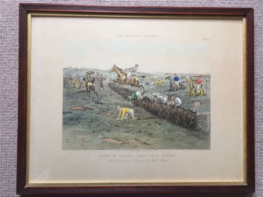 A set of four framed Victorian aquatint prints depicting horse racing and steeplechase scenes, presented in dark timber frames with gold slip mounts. View IV