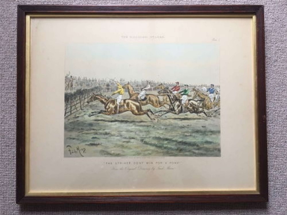 A set of four framed Victorian aquatint prints depicting horse racing and steeplechase scenes, presented in dark timber frames with gold slip mounts. View V