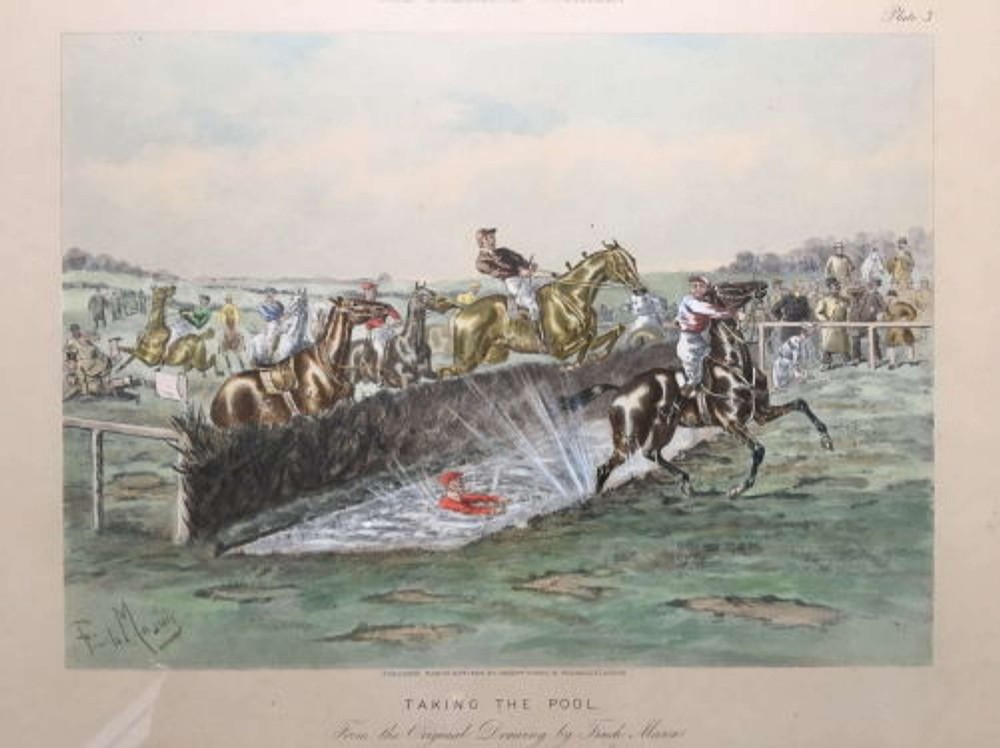 A set of four framed Victorian aquatint prints depicting horse racing and steeplechase scenes, presented in dark timber frames with gold slip mounts. View VI