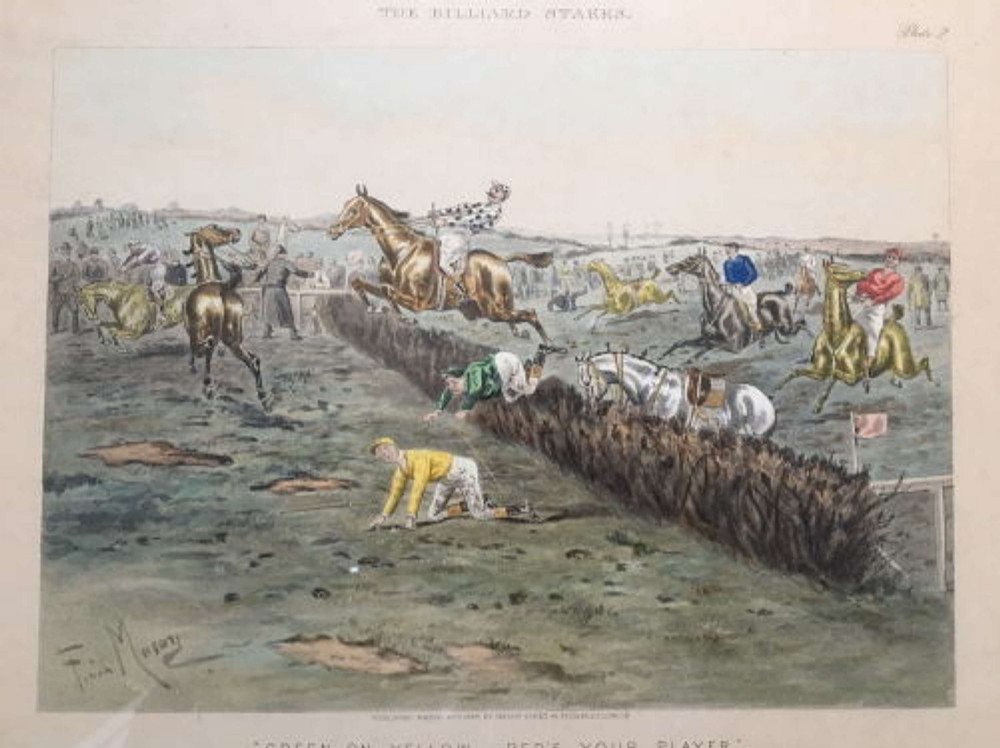 A set of four framed Victorian aquatint prints depicting horse racing and steeplechase scenes, presented in dark timber frames with gold slip mounts. View VII