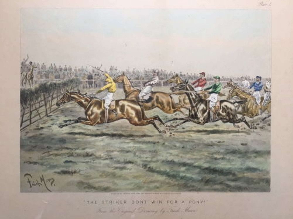 A set of four framed Victorian aquatint prints depicting horse racing and steeplechase scenes, presented in dark timber frames with gold slip mounts. View VIII