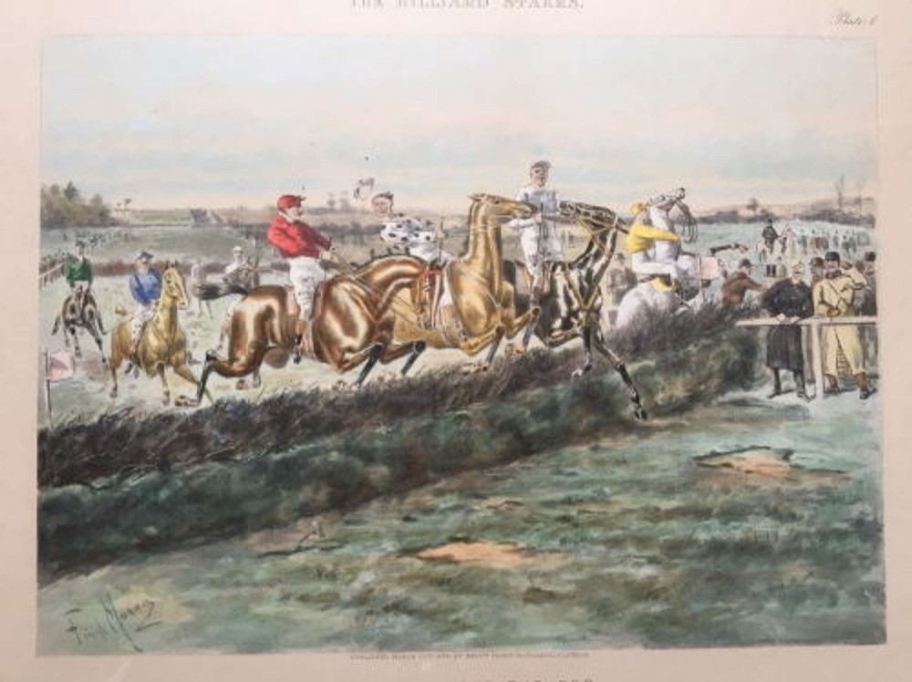 A set of four framed Victorian aquatint prints depicting horse racing and steeplechase scenes, presented in dark timber frames with gold slip mounts. View IX