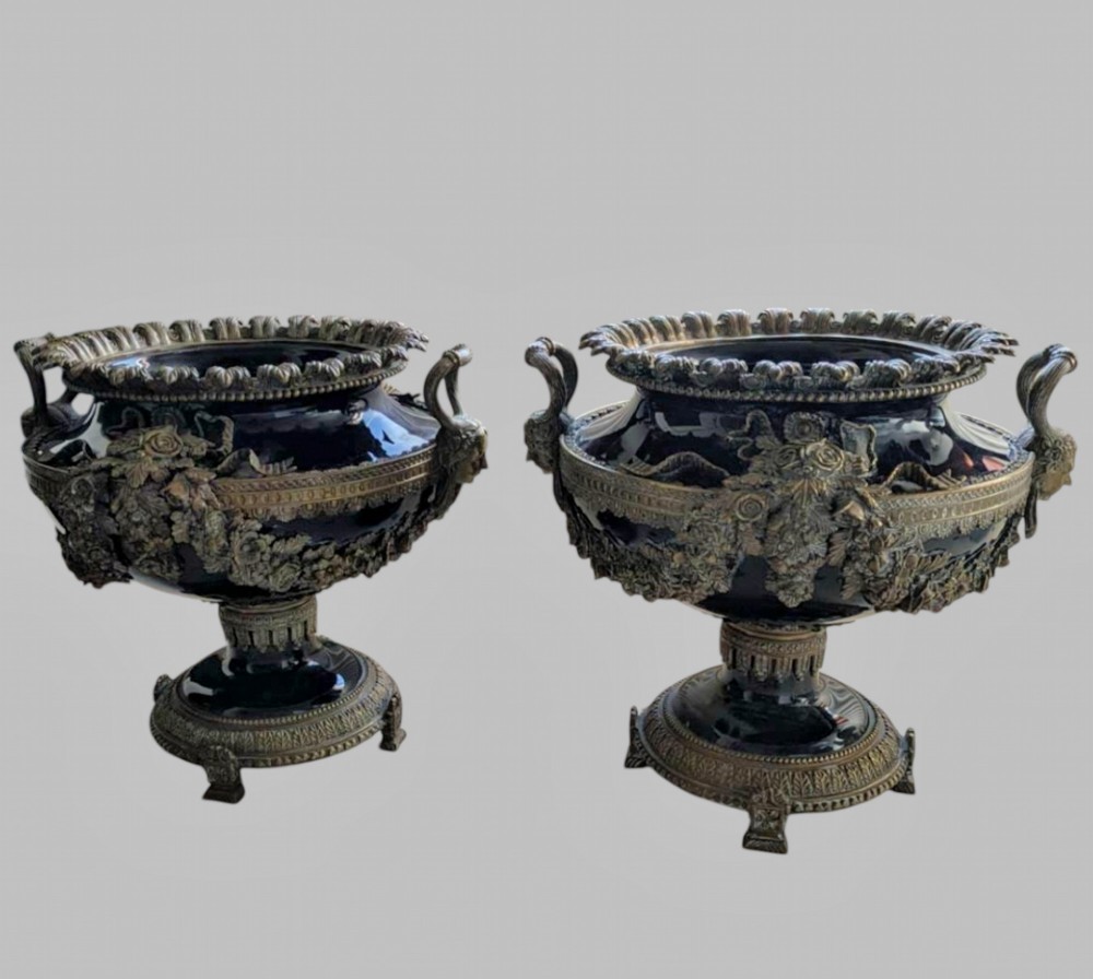 A Very Attractive Pair of 19th Century French Blue Ceramic Jardinièr's