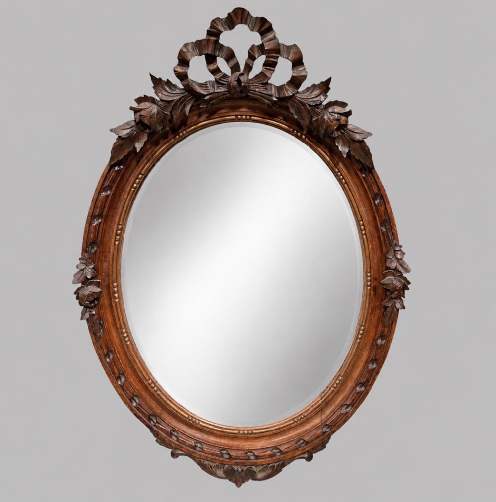 A late 19th-century oval wall mirror featuring a carved wooden frame topped with a sculpted ribbon cresting and floral motifs.