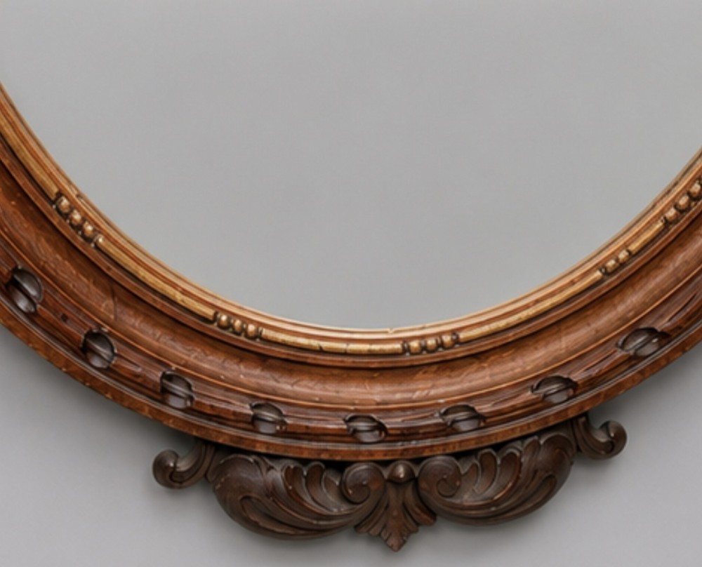 A late 19th-century oval wall mirror featuring a carved wooden frame topped with a sculpted ribbon cresting and floral motifs. View III