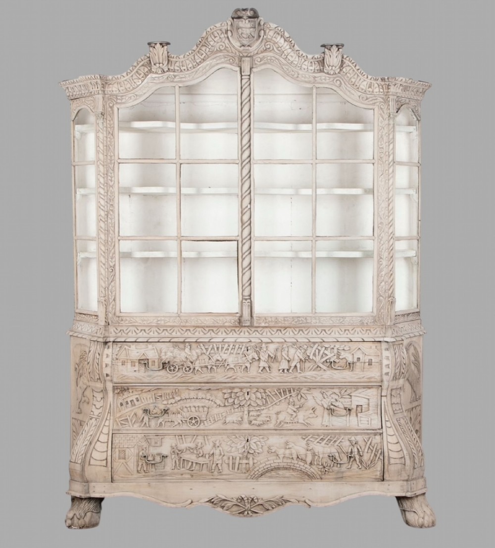 An Impressive Dutch Carved Oak Bombé Display Cabinet on Chest, c.1840