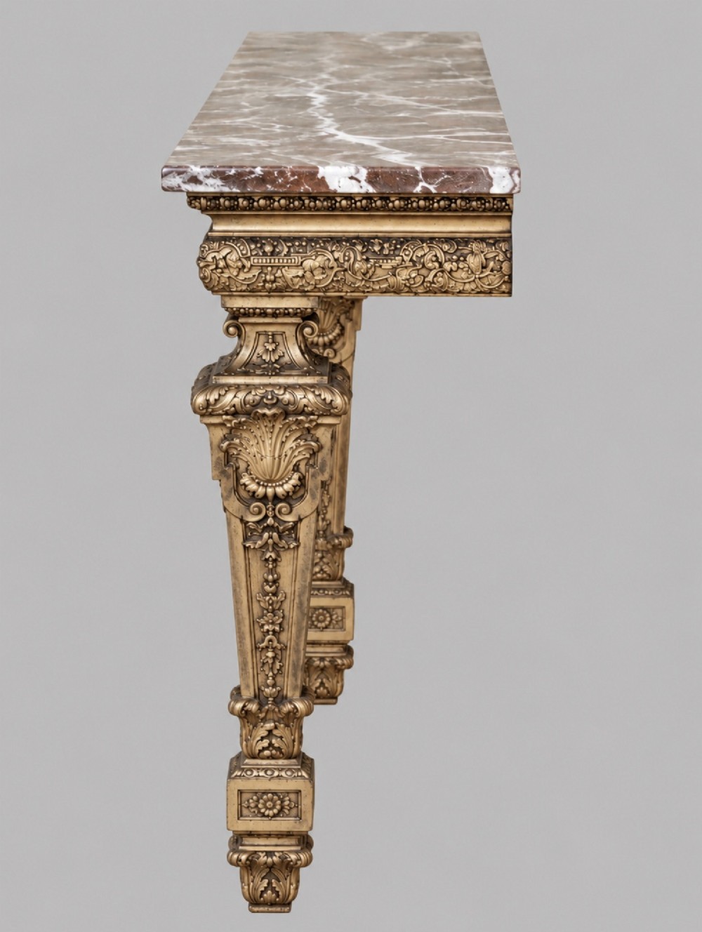 A pair of 19th-century Italian giltwood console tables featuring carved tapered legs and fitted marble tops. View IV