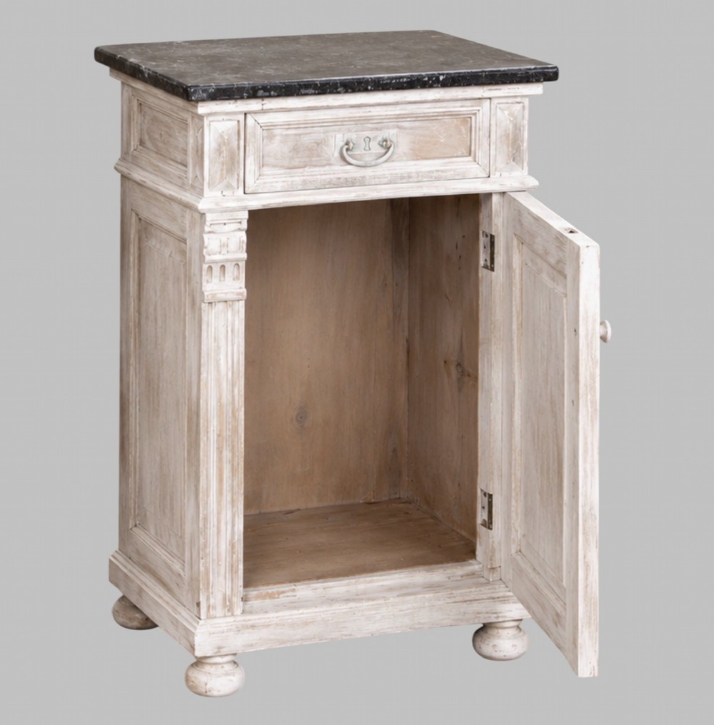 A matching pair of mid-nineteenth-century off-white painted wooden bedside cabinets featuring dark marble tops, single drawers, fluted side pilasters, carved floral door panels, and turned bun feet. View III