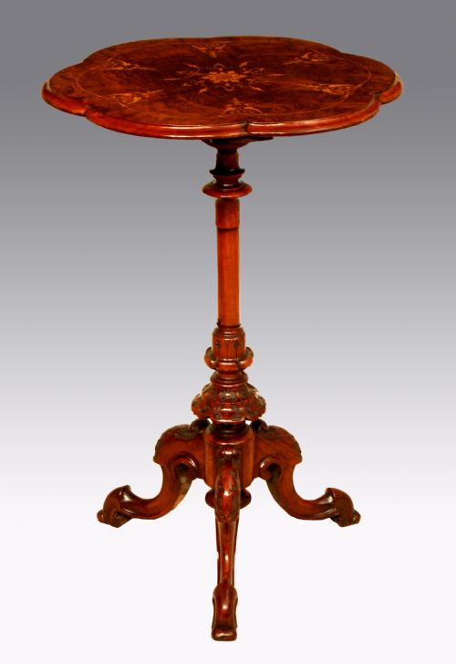 an immaculate victorian burr walnut inlaid petal shaped tripod table - CATEGORY: ANTIQUE TABLES - DATED VICTORIAN