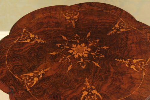 AN IMMACULATE VICTORIAN BURR WALNUT INLAID PETAL SHAPED TRIPOD TABLE - ADDITIONAL PHOTO 6