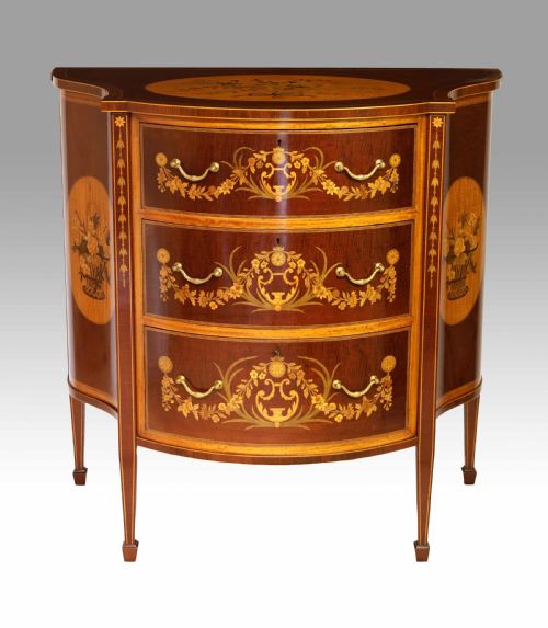 a quality victorian mahogany inlaid serpentine commode by edwards and roberts - CATEGORY: ANTIQUE CHEST OF DRAWERS - DATED VICTORIAN