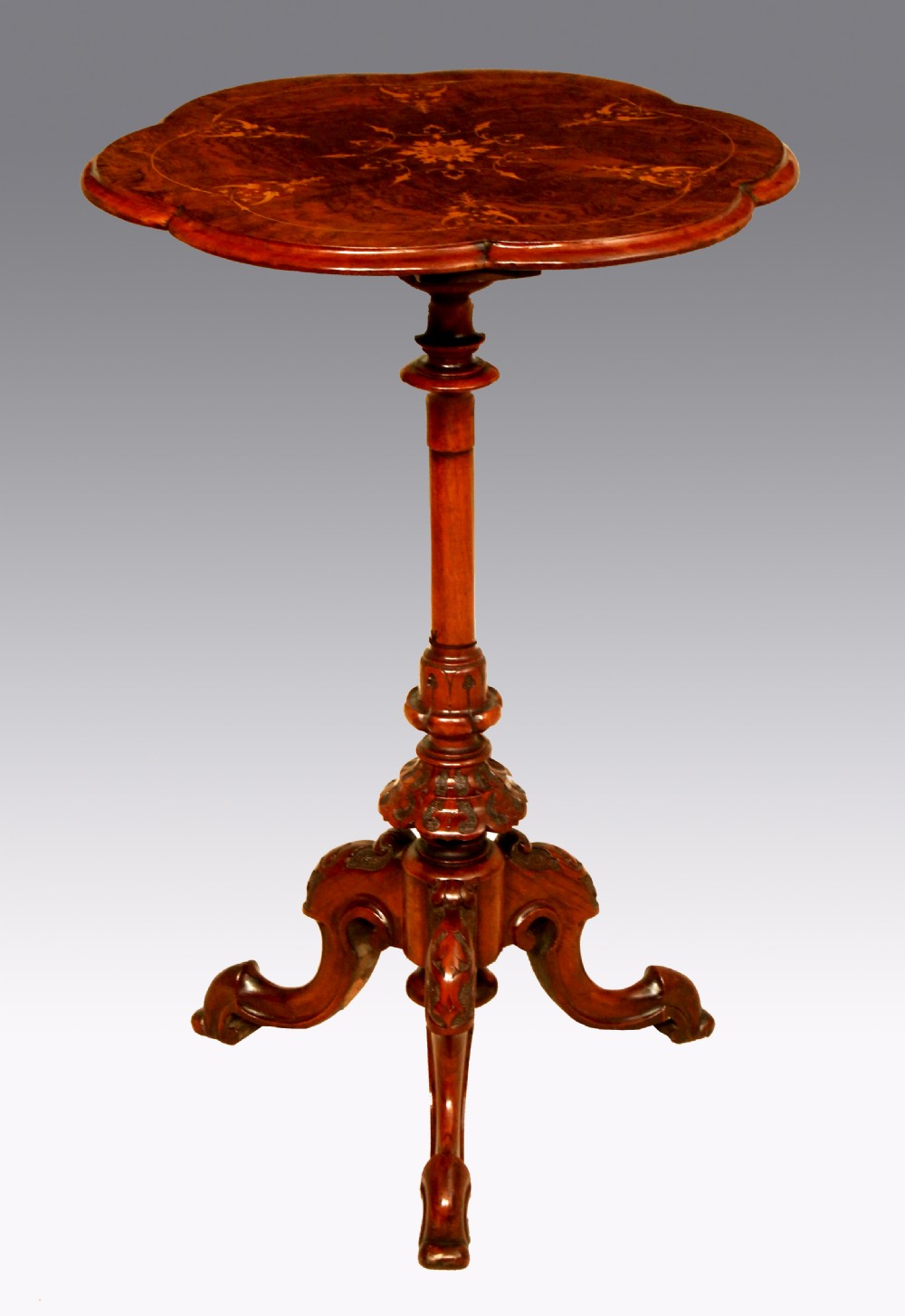 An Immaculate Victorian Burr Walnut Inlaid Petal Shaped Tripod Table