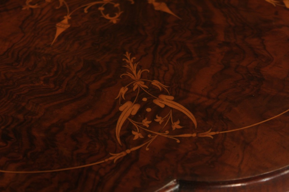 An Immaculate Victorian Burr Walnut Inlaid Petal Shaped Tripod Table View VI