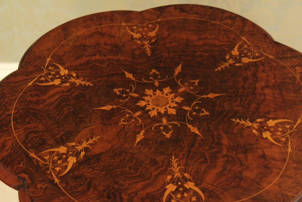 An Immaculate Victorian Burr Walnut Inlaid Petal Shaped Tripod Table View VII