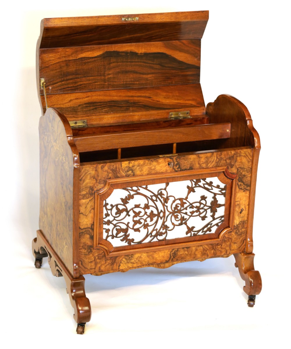 A Fine Quality Victorian Inlaid Burr Walnut Canterbury View II