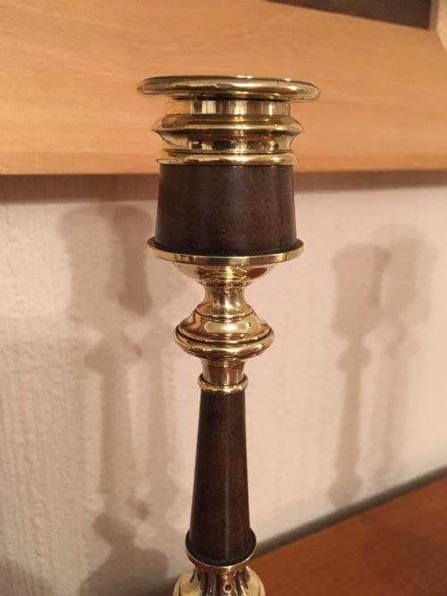 fig 1. PAIR OF BRASS AND MAHOGANY CANDLESTICKS 