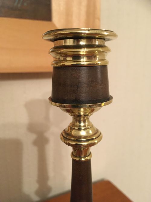 fig 2. PAIR OF BRASS AND MAHOGANY CANDLESTICKS 