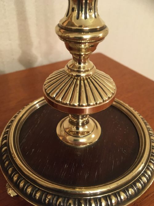 fig 3. PAIR OF BRASS AND MAHOGANY CANDLESTICKS 