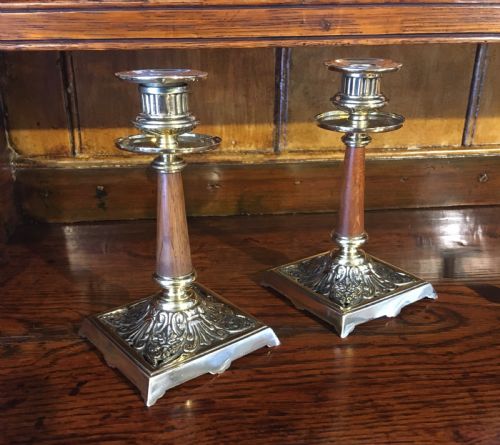 Pair of Brass and Wood Candlesticks