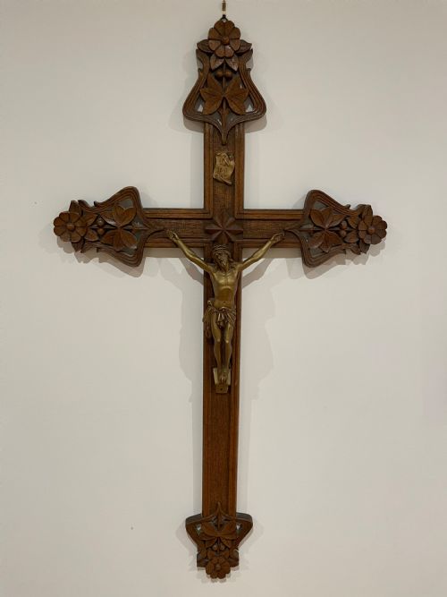 Large Art Nouveau Carved Oak Crucifix
