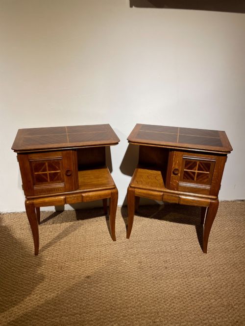Pair of Art Deco Oak and Mahogany Bedside Cabinets