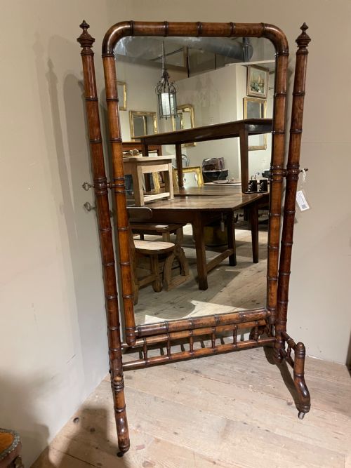 19th Century French Faux Bamboo Cherrywood Cheval Mirror