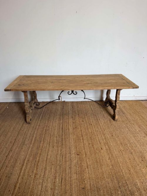 Scrubbed Oak Spanish Refectory Table with Wrought Iron Stretcher