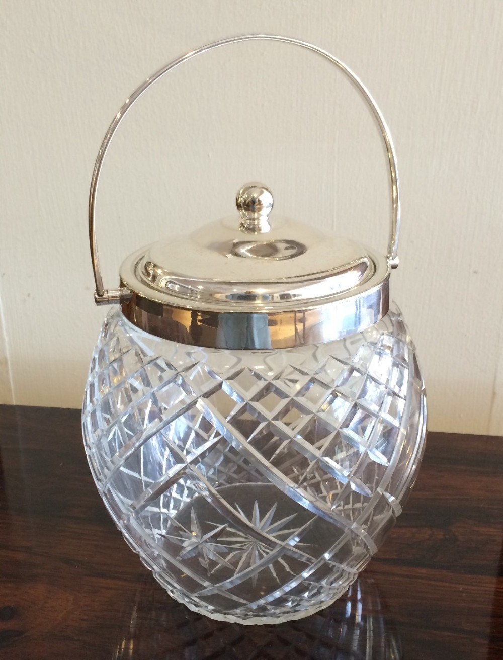 SILVER PLATED CUT GLASS BISCUIT JAR