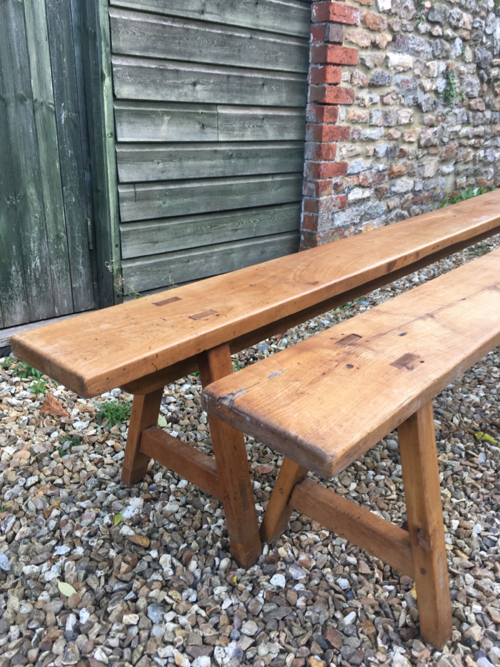 Long pair of cherrywood farmhouse benches View II