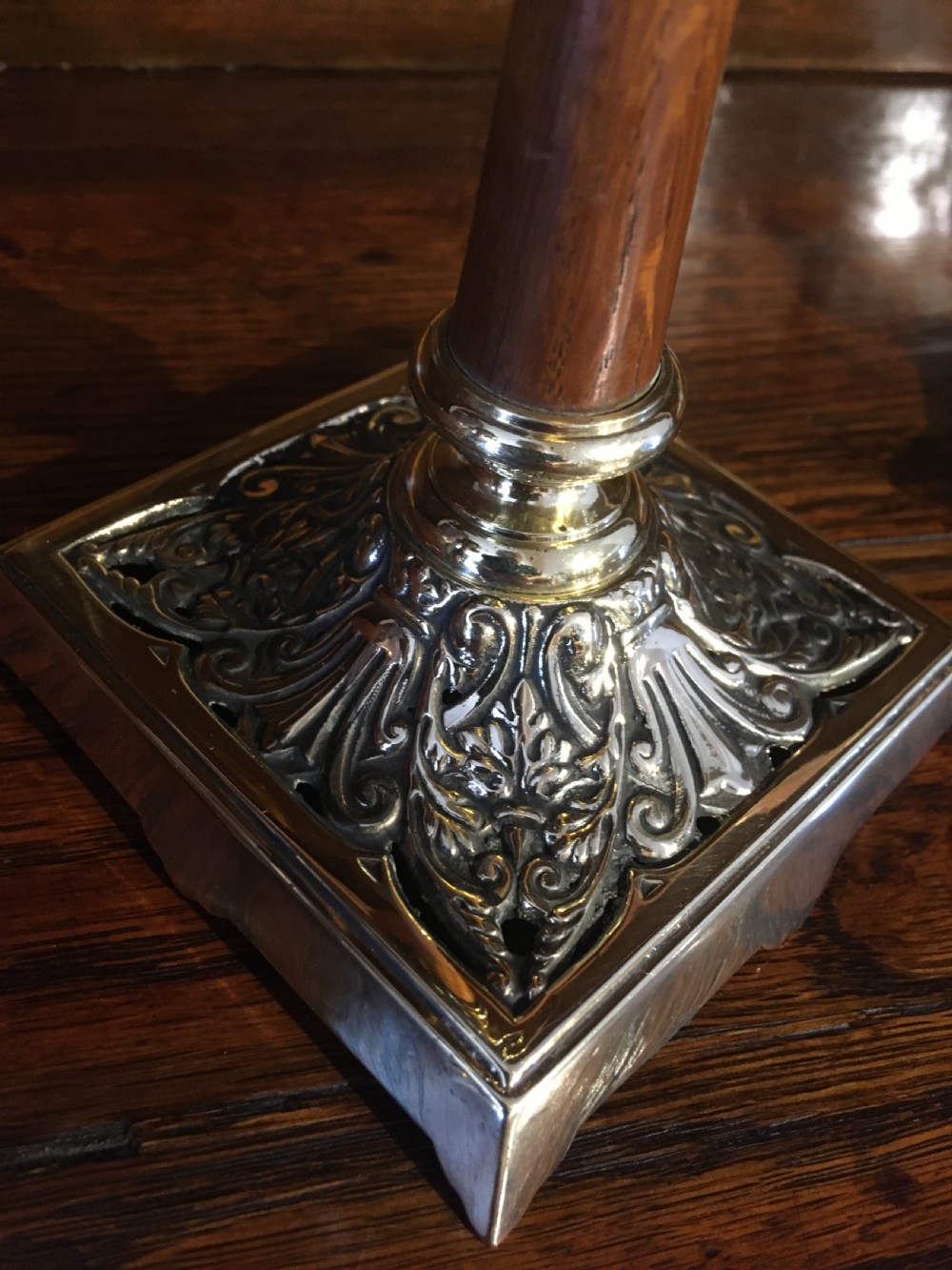 PAIR OF BRASS AND WOOD CANDLESTICKS  View III